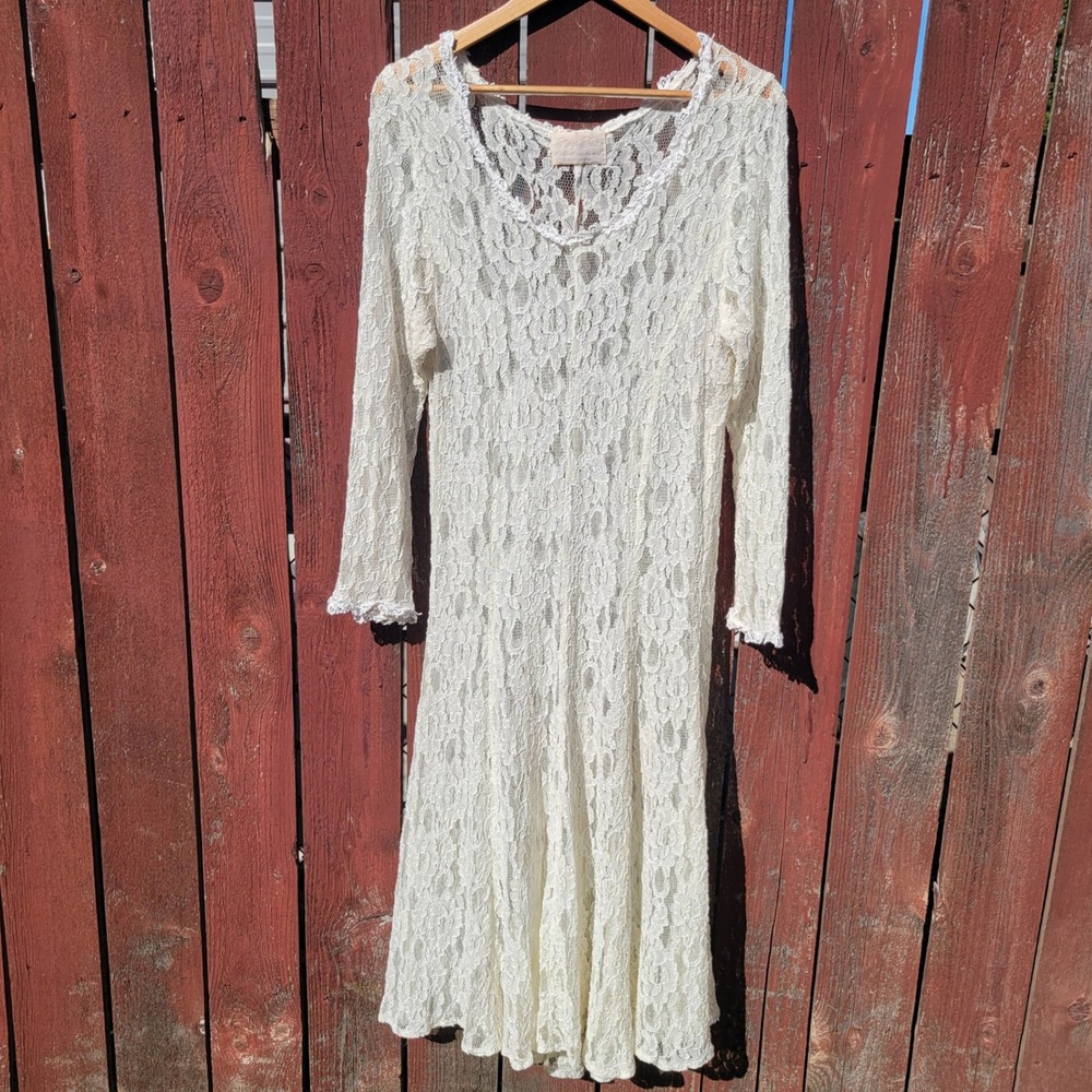 Vintage Romantic Ivory Sheer Floral Lace Midi Dress One Size Fairy Cottagecore